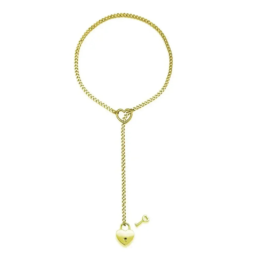 Adjustable Heart O-Ring Punk Rock Cuban Chain Necklace β Lariat Y-Style Necklace with Key & Heart Lock Pendant