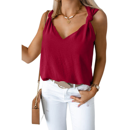 Summer V-Neck Knotted Shoulder Strap Top Sleeveless Vest