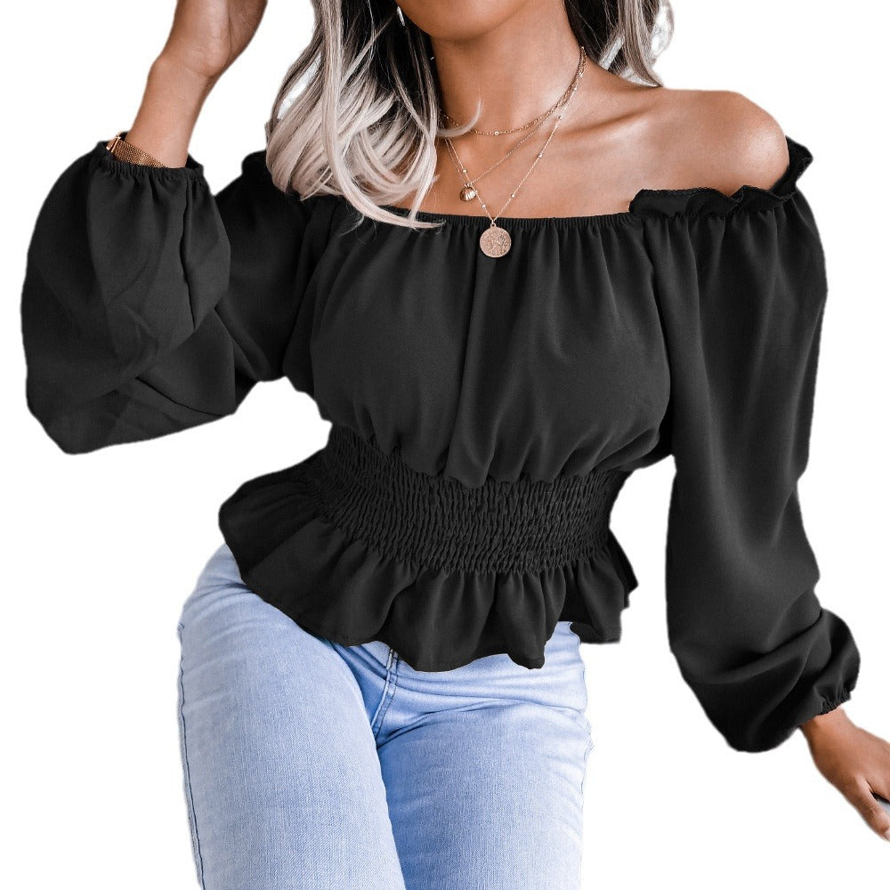 Female One Necked off Shoulder Hem with Ruffled Edges Chiffon Sweater