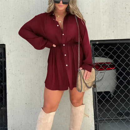 Women'S Long Sleeve Jumpsuit with Button Fashion Shirt Dress