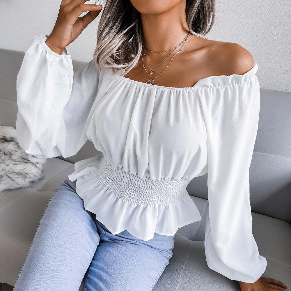 Female One Necked off Shoulder Hem with Ruffled Edges Chiffon Sweater