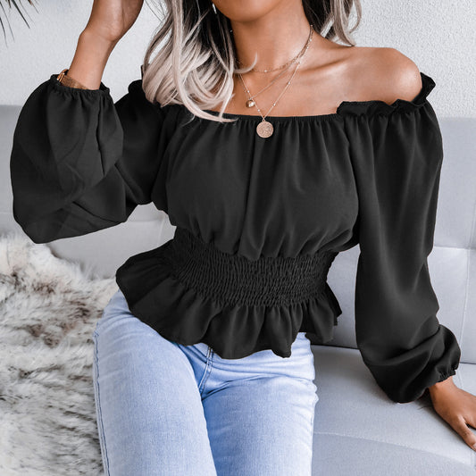 Female One Necked off Shoulder Hem with Ruffled Edges Chiffon Sweater