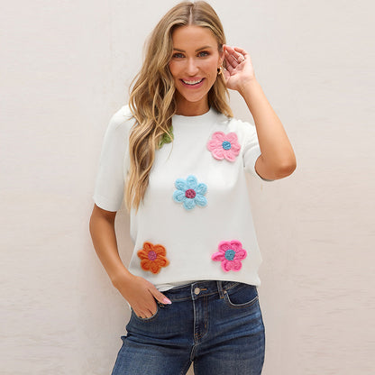 Three-Dimensional Flower Decoration Half-Sleeve Top European and American Commuters' Knitted