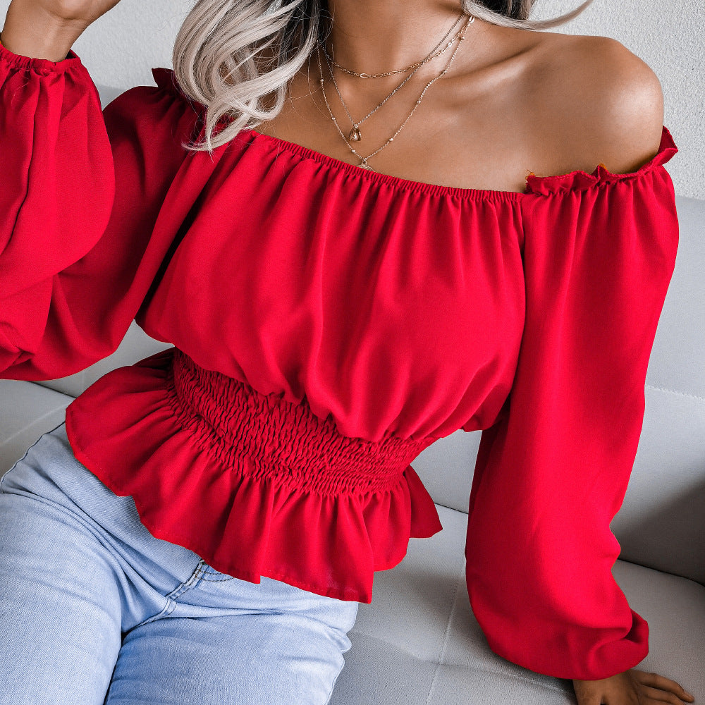 Female One Necked off Shoulder Hem with Ruffled Edges Chiffon Sweater