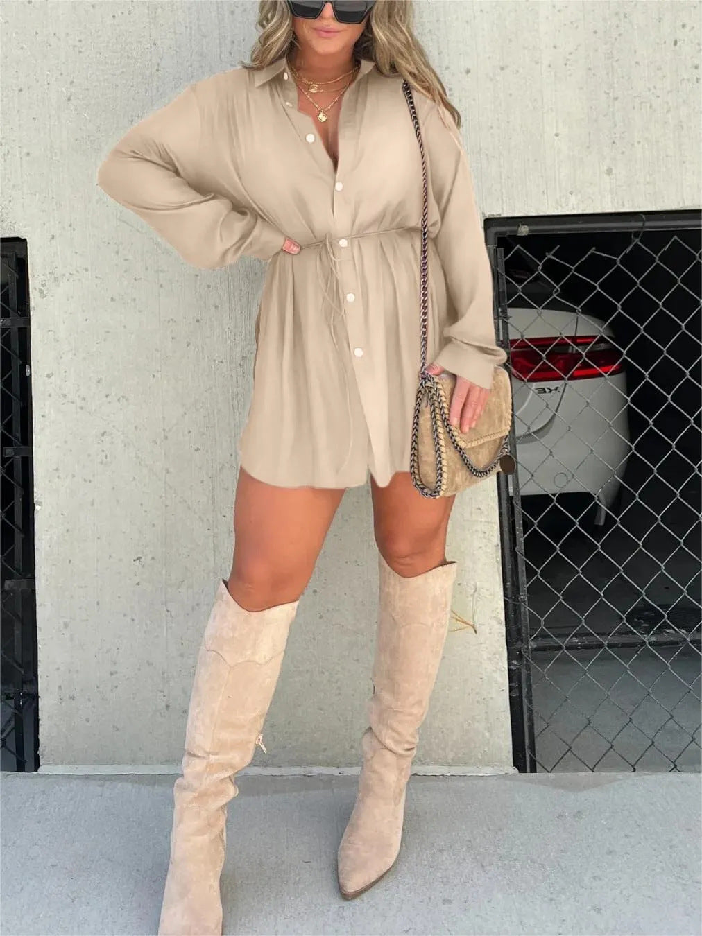 Women'S Long Sleeve Jumpsuit with Button Fashion Shirt Dress