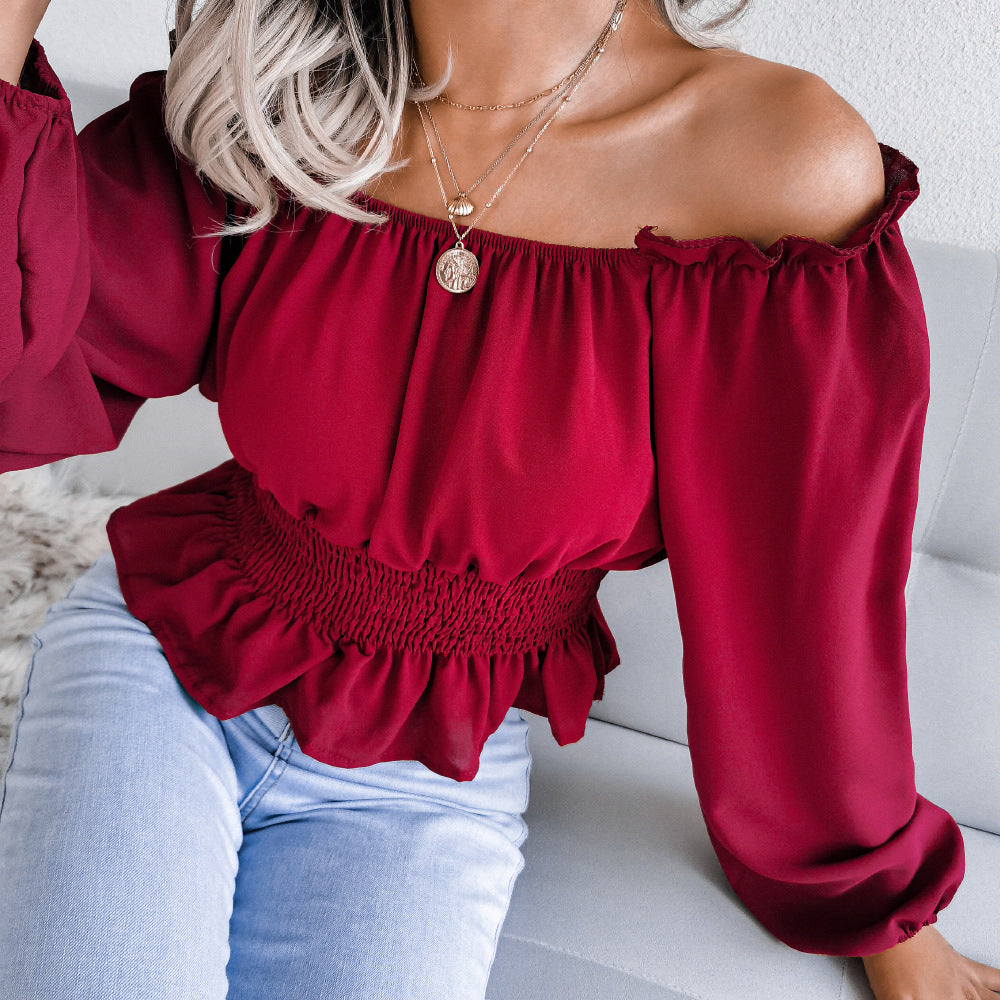 Female One Necked off Shoulder Hem with Ruffled Edges Chiffon Sweater